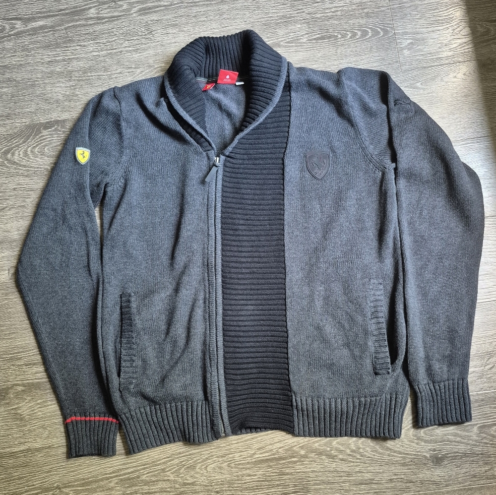 Ferrari Puma Cotton Knit Shawl Collar Cardigan Sweater Black Gray XL